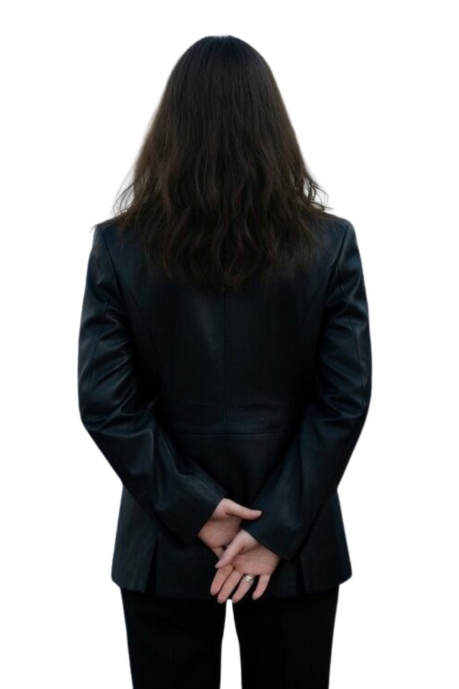 Person wearing a black suit on a white background