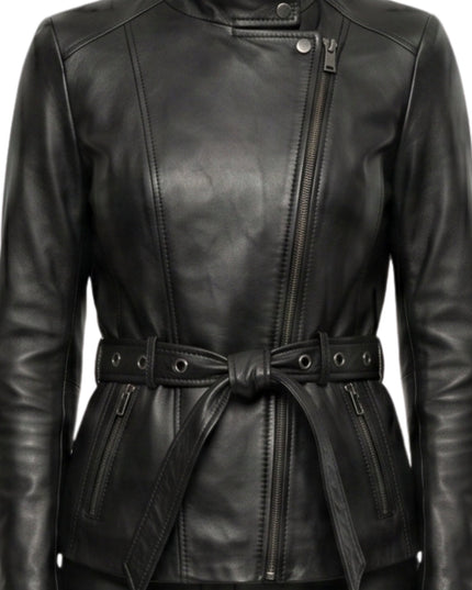Womens Belted Black Biker Leather Jacket Buy Today