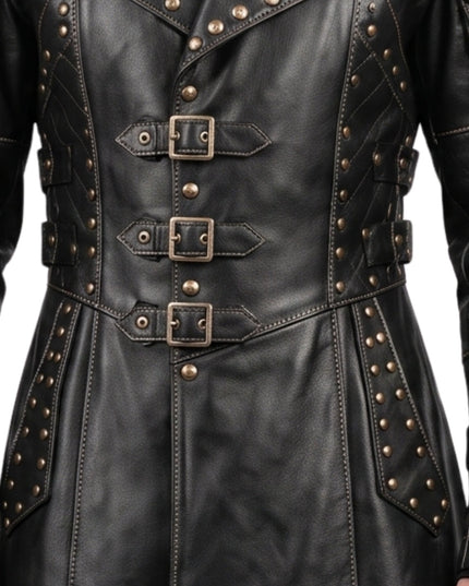 Men Black Genuine Cowhide Leather Gothic Trench Coat