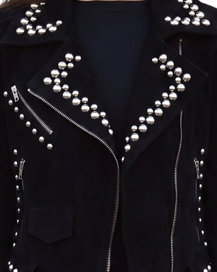 Women Suede Studded Leather Jacket close look