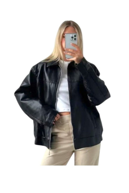Women's Oversized 90's Bomber Black Leather Jacket
