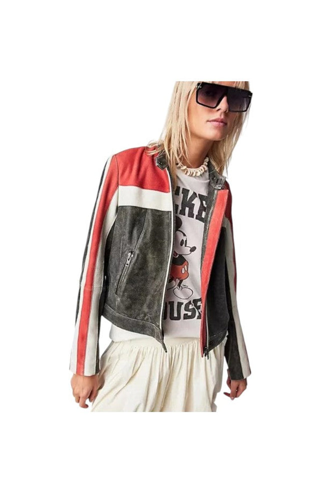 Women's Striped Cafe Racer Biker Jacket