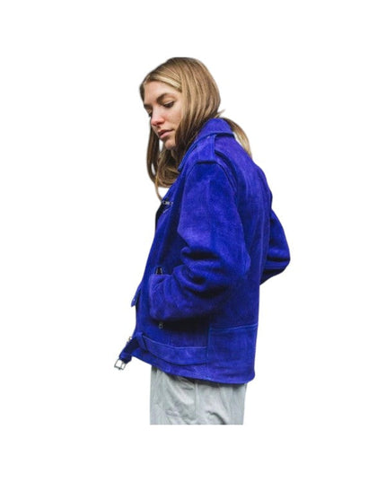 women's blue suede leather jacket side