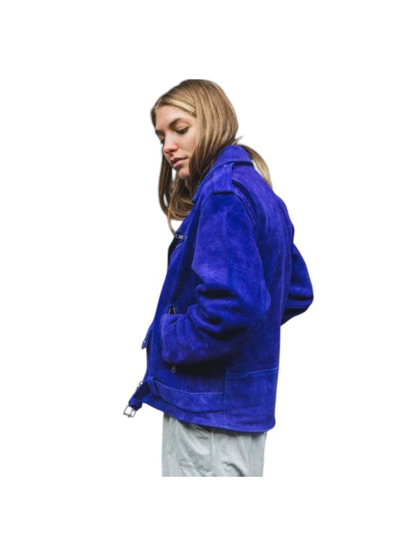 women's blue suede leather jacket side