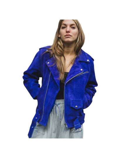 women's blue suede leather jacket front