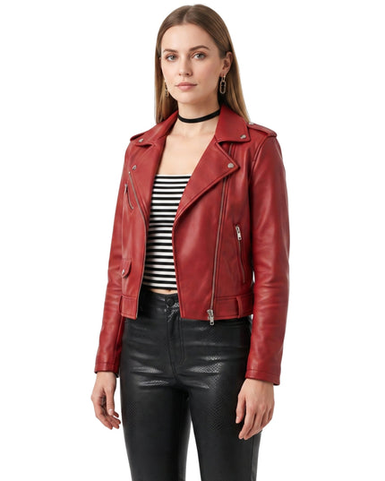 Stylish Womens Red Leather Biker Jacket Buy Now