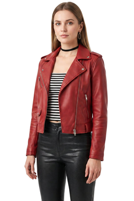 Stylish Womens Red Leather Biker Jacket Buy Now