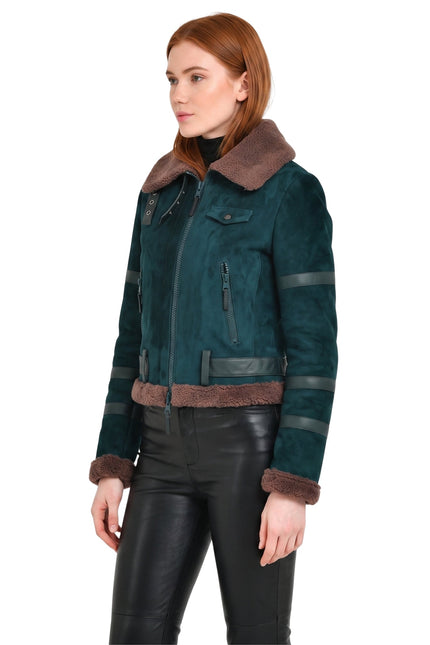 Womens B3 Leather Bomber Green Shearling Coat Buy Now