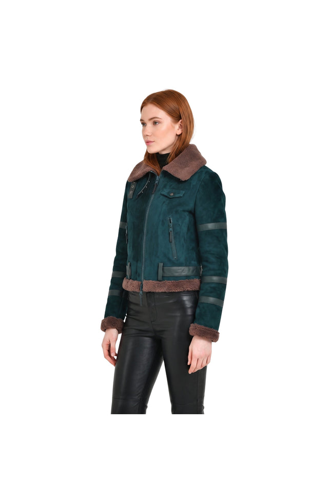 Womens B3 Leather Bomber Green Shearling Coat Buy Now