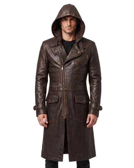 Premium Men's Brown Cowhide Leather Trench Coat