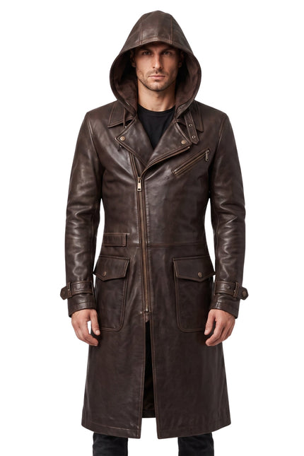 Premium Men's Brown Cowhide Leather Trench Coat