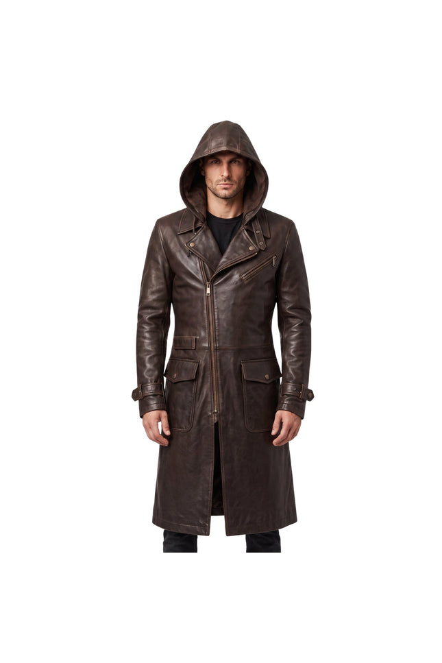 Premium Men's Brown Cowhide Leather Trench Coat