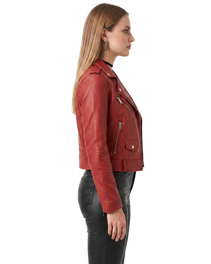 Stylish Womens Red Leather Biker Jacket Shop Now