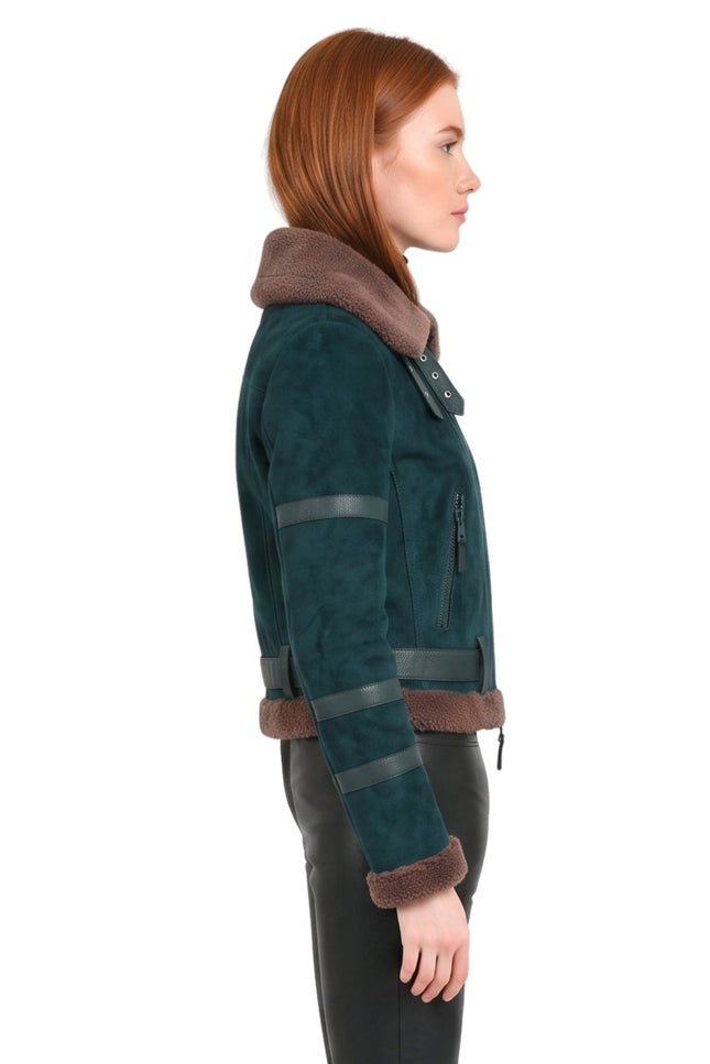 Womens B3 Leather Bomber Green Shearling Coat Shop Now