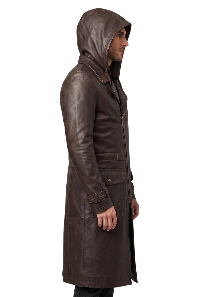 Premium Men's Brown Cowhide Leather Trench Coat