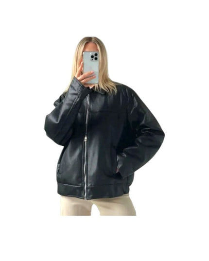 Women's Oversized 90's Bomber Black Leather Jacket