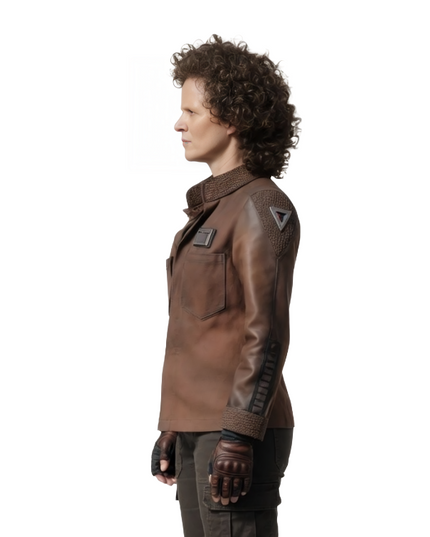 Person wearing a brown leather jacket with futuristic design elements on a white background