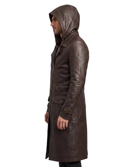 Premium Men's Brown Cowhide Leather Trench Coat