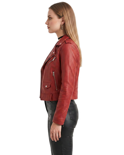 Stylish Womens Red Leather Biker Jacket Order Now