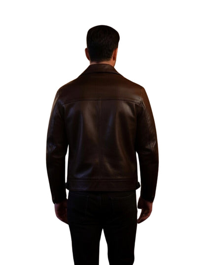 Man wearing a brown leather jacket on a white background