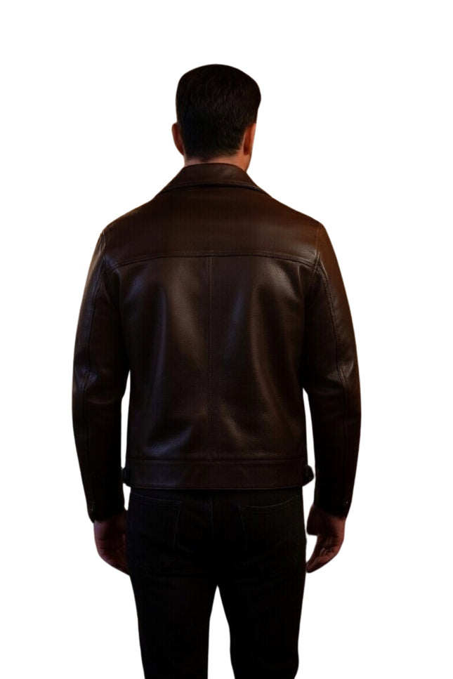Man wearing a brown leather jacket on a white background