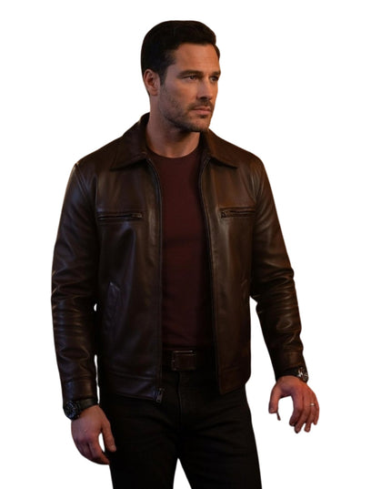 Man wearing a brown leather jacket on a white background