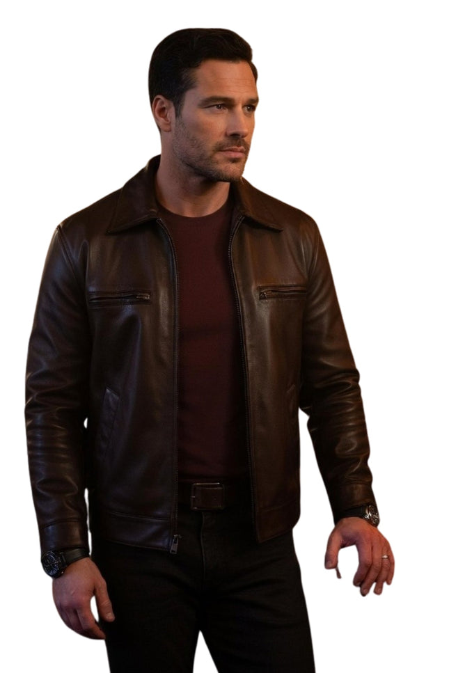Man wearing a brown leather jacket on a white background