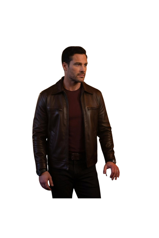 Man wearing a brown leather jacket on a white background