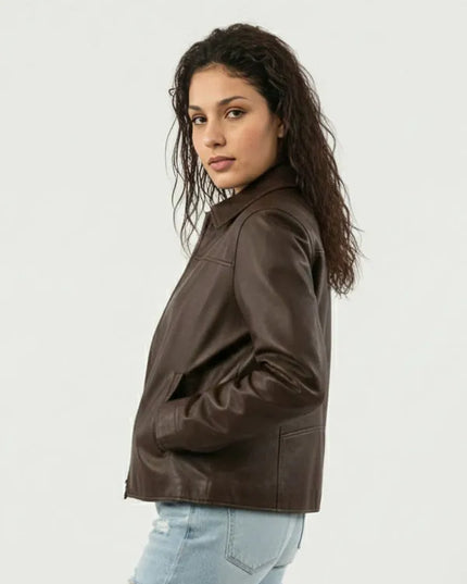 90s style leather jacket for women featuring a vintage look and classic design