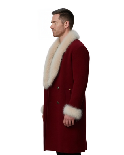 Man wearing a red coat with white fur trim on a white background