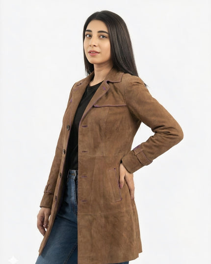 Women’s Suede Leather Button-Up Trench Coat
