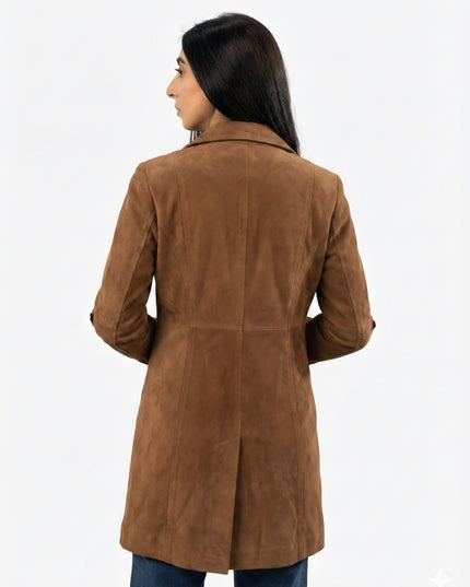 Women’s Suede Leather Button-Up Trench Coat