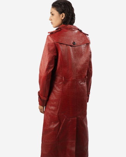 Woman wearing red leather trench coat