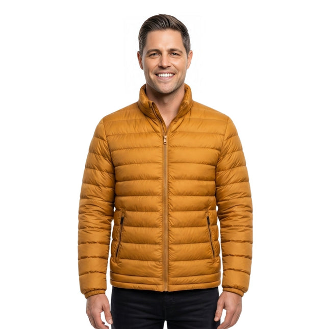 Man wearing a mustard yellow puffer jacket on a white background