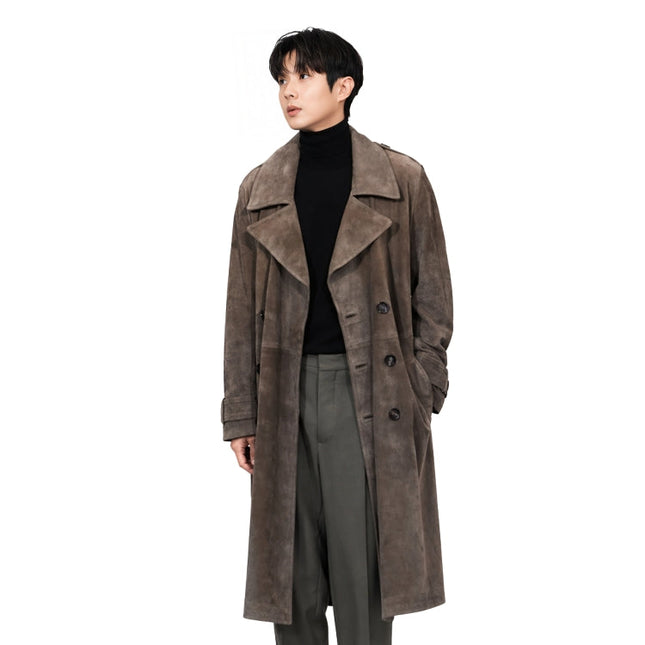 Man wearing a brown coat on a white background