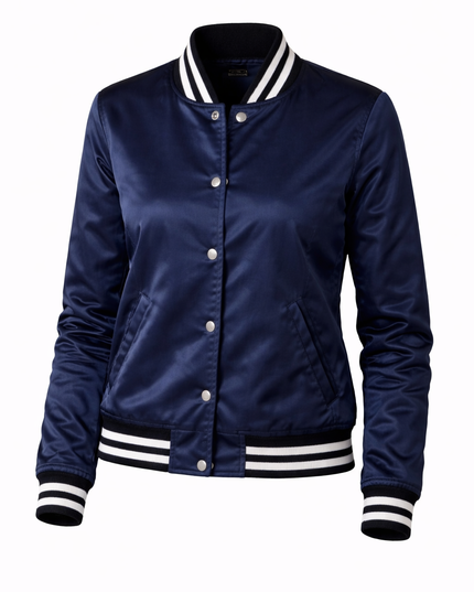 Navy blue varsity jacket with white accents on a white background