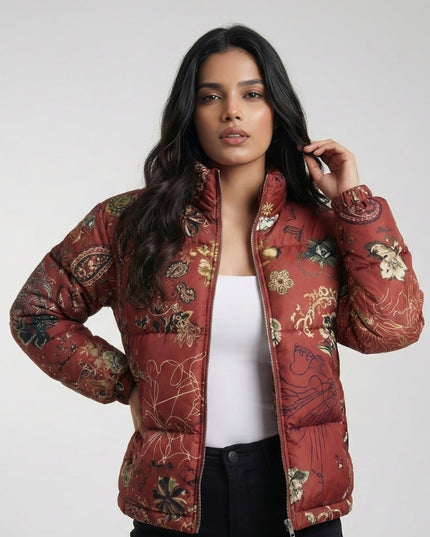 Abstract Floral Pattern Puffer Jacket