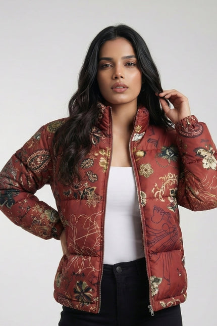 Abstract Floral Pattern Puffer Jacket
