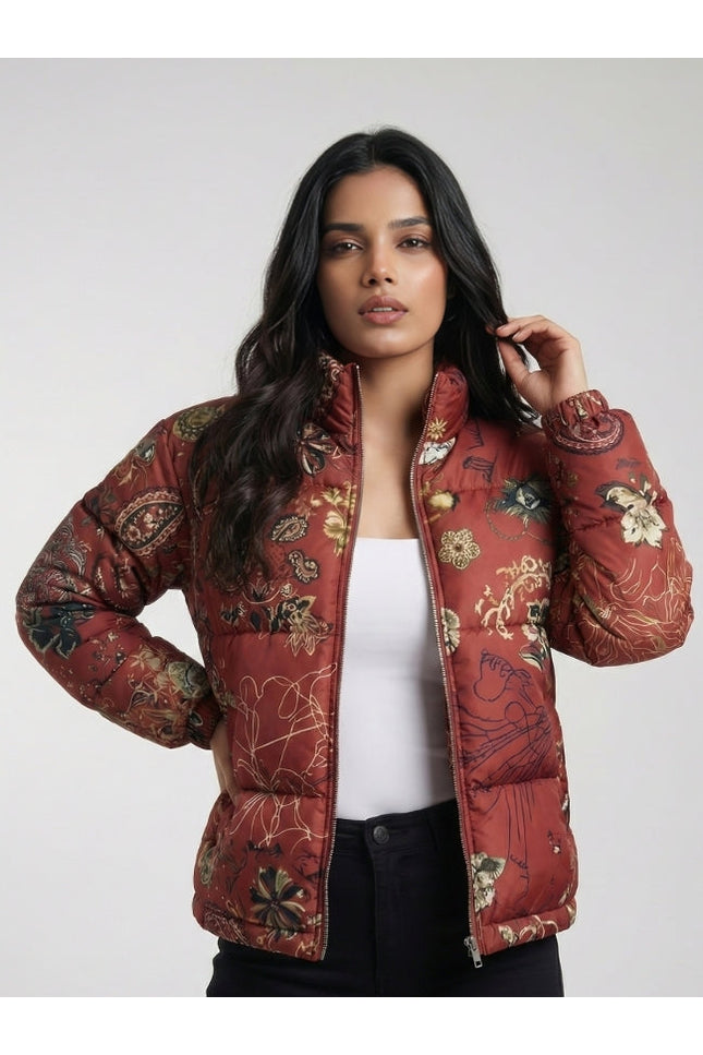 Abstract Floral Pattern Puffer Jacket