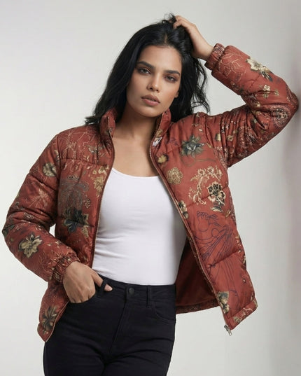 Abstract Floral Pattern Puffer Jacket Sale