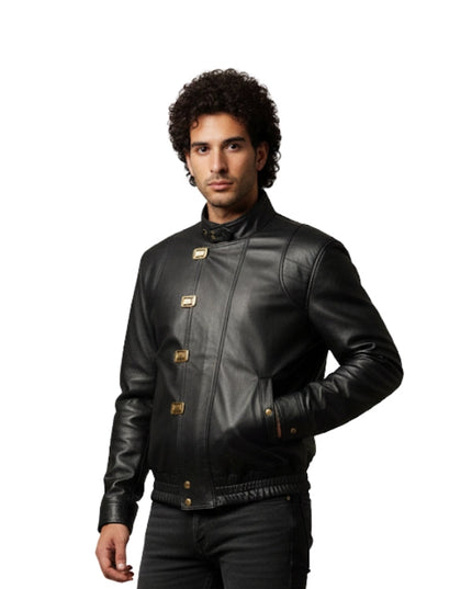 Man wearing a black leather jacket with gold buttons on a white background