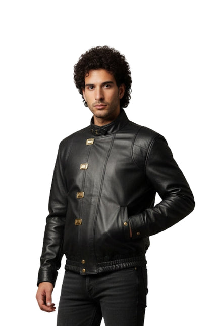Man wearing a black leather jacket with gold buttons on a white background