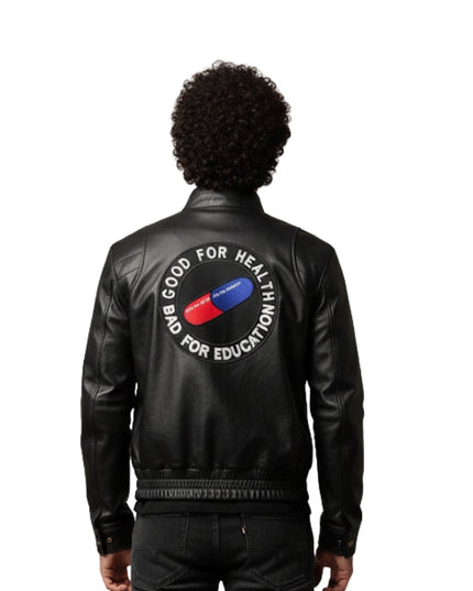 Black leather jacket with a graphic design on the back, featuring a red and blue pill symbol and text.