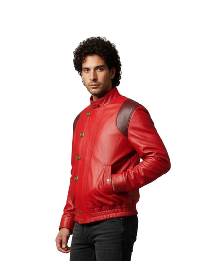 Man wearing a red leather jacket on a white background