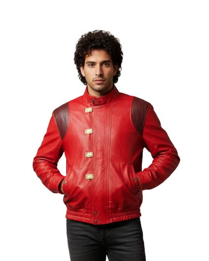Man wearing a red leather jacket with gold buttons on a white background