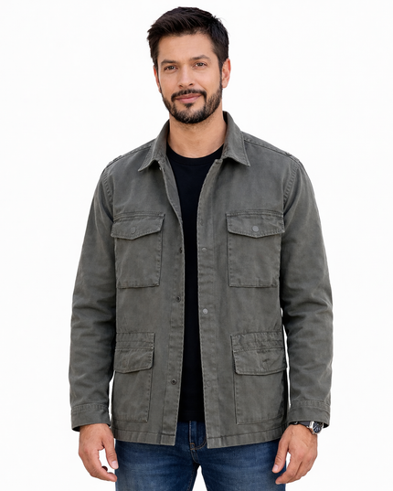 Man wearing a gray jacket on a white background