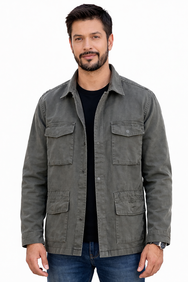 Man wearing a gray jacket on a white background