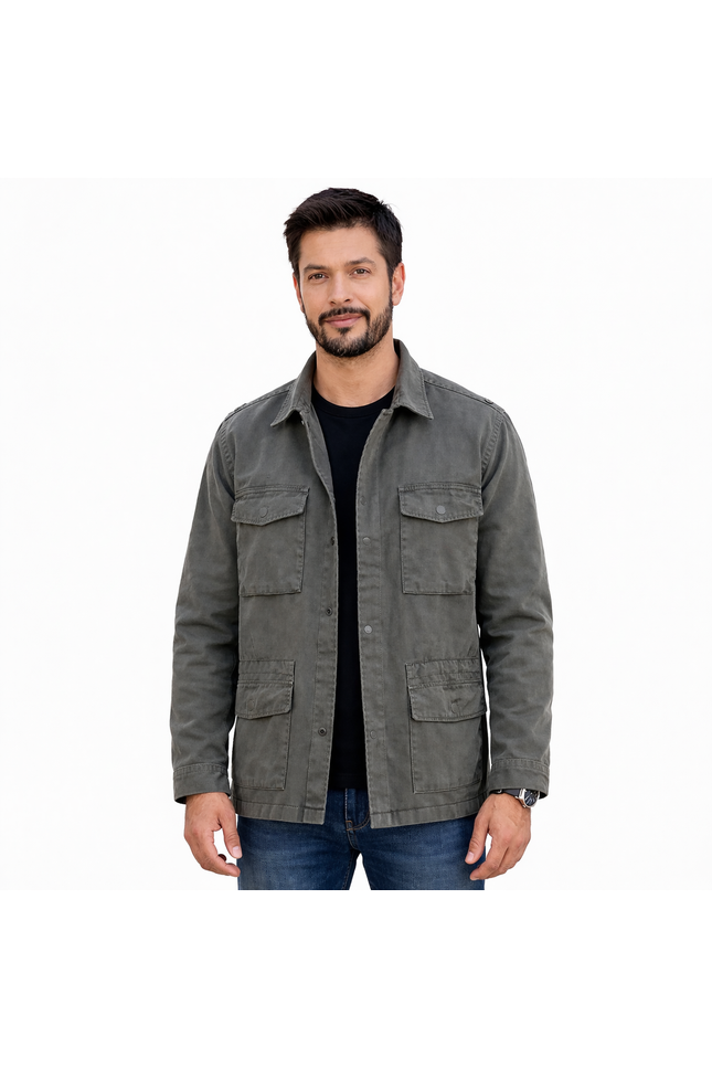 Man wearing a gray jacket on a white background