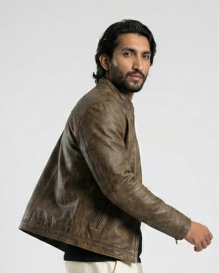Man wearing a brown leather jacket on a white background