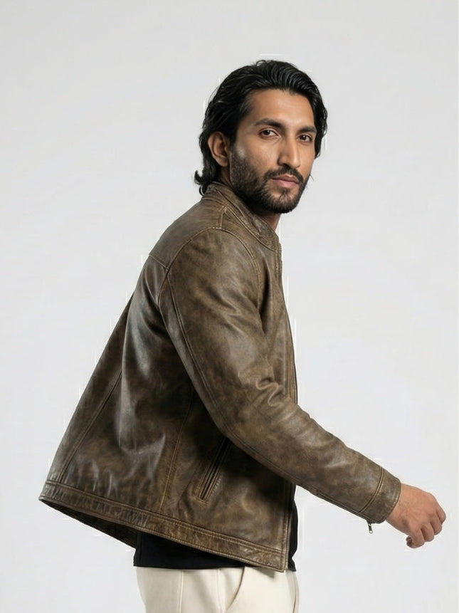 Man wearing a brown leather jacket on a white background